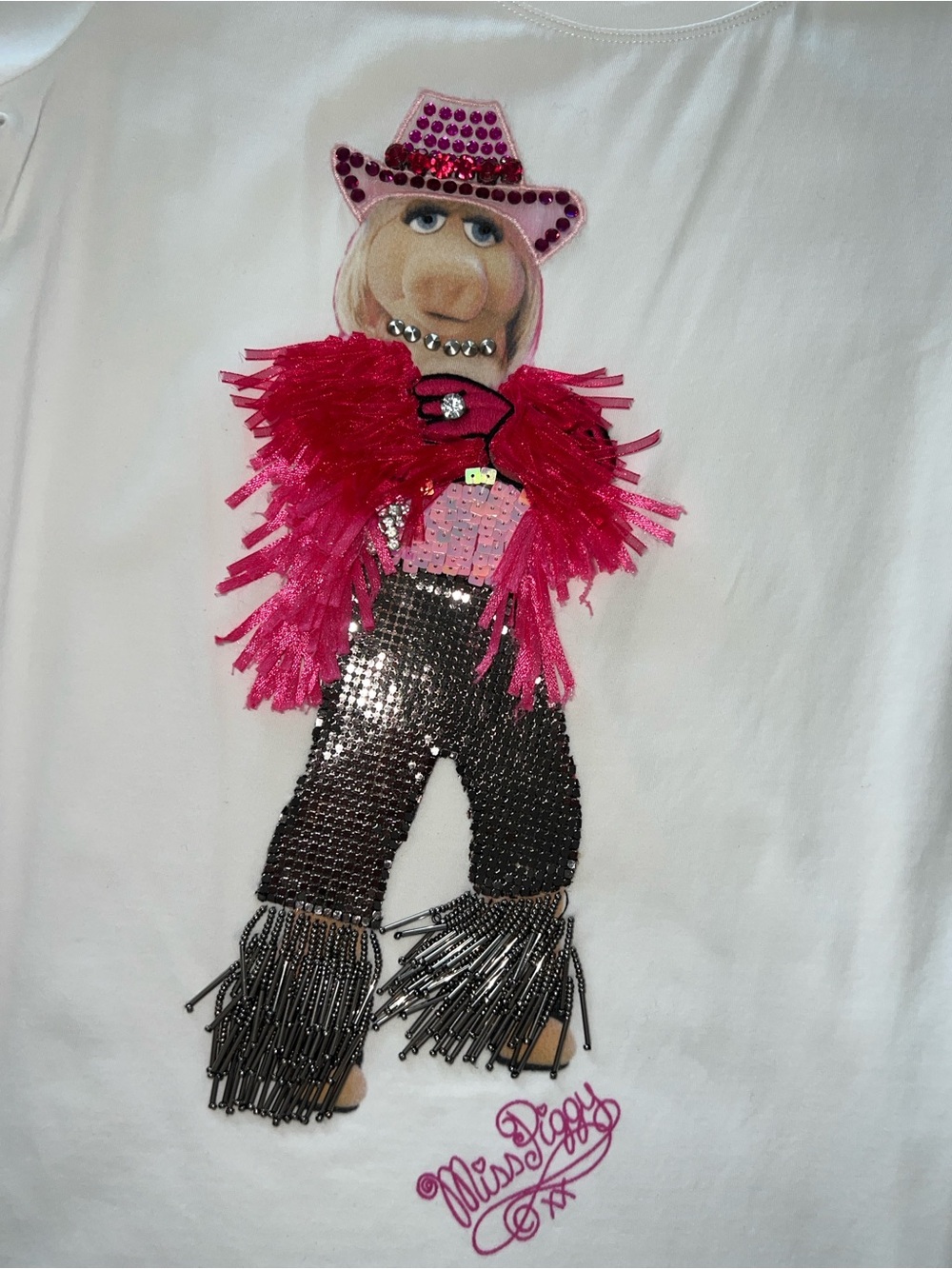 Pinko Miss Piggy’s White Tee with Pink Feathered Sequin Character